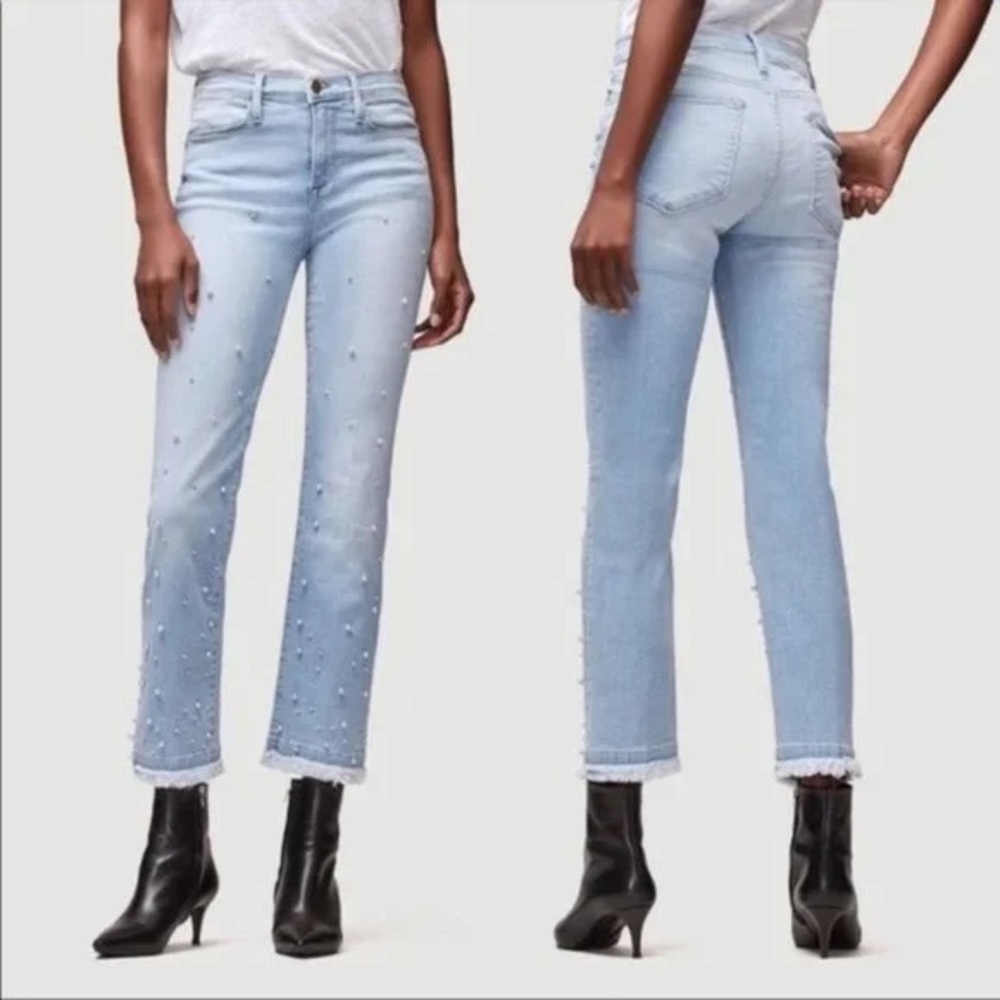 Frame Le High Straight | Pearl Accent Embellished stretch jeans | 27 | Fray crop